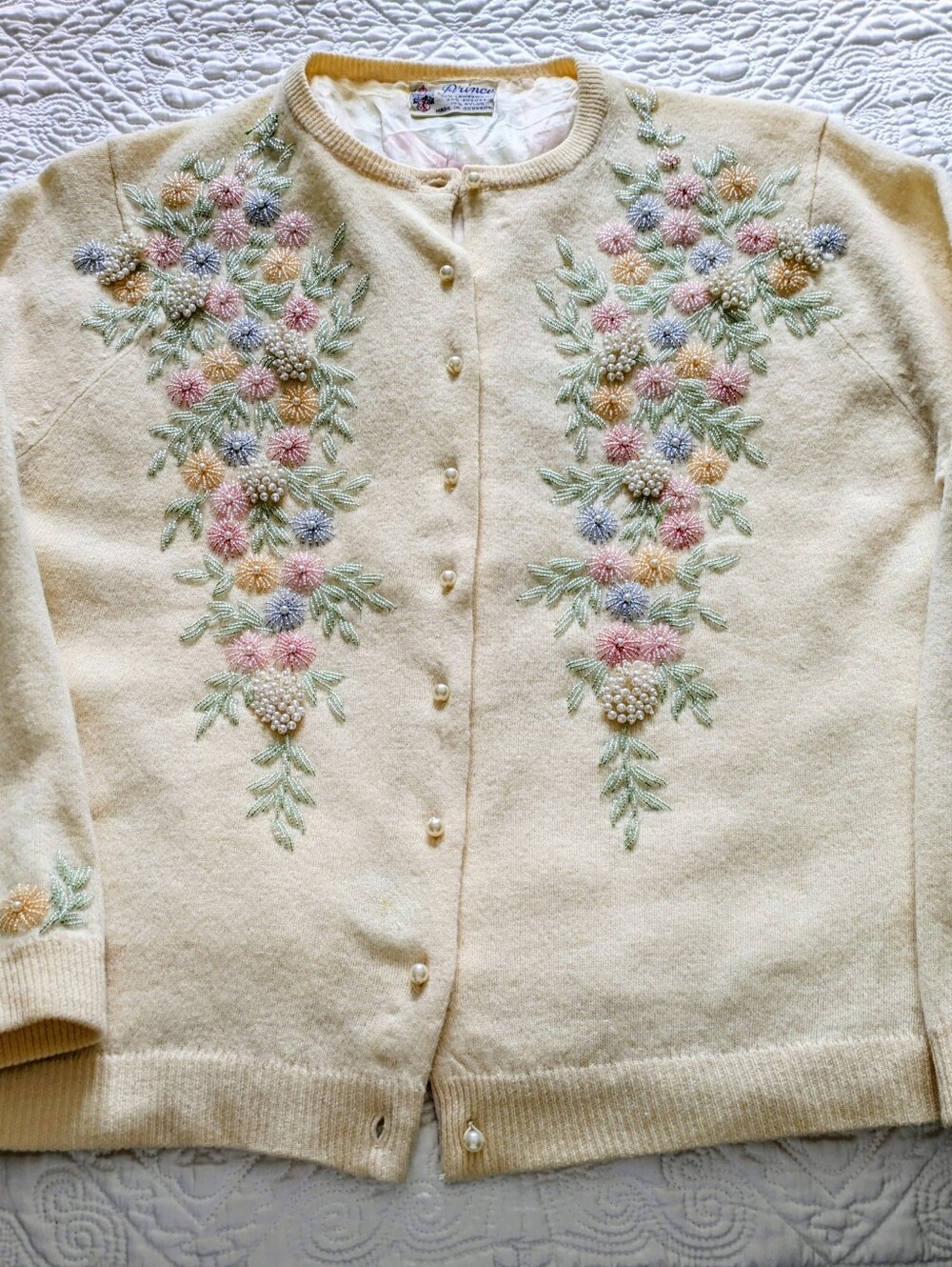 Vintage Ivory Embroidered & Pastel Beaded Floral Cardigan with Pearly Buttons